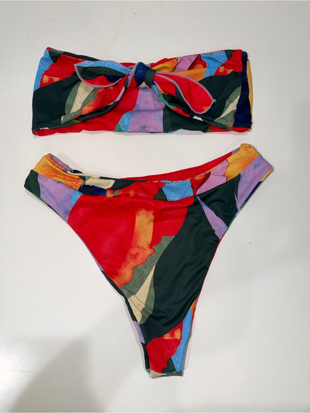 Colorful Abstract Print Bandeau Bikini Set - Multicolor